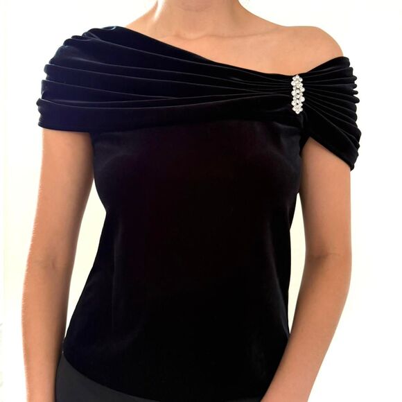 Early 2000s Xscape Black Velvet Off‑Shoulder Top - Picture 1 of 8
